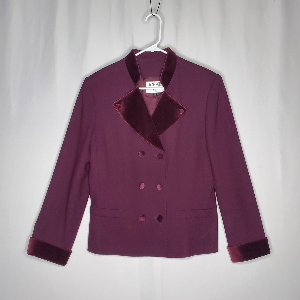 Kasper ASL Wool Pantsuit Women 12 Purple Velvet Collar Double-Breasted Old Money